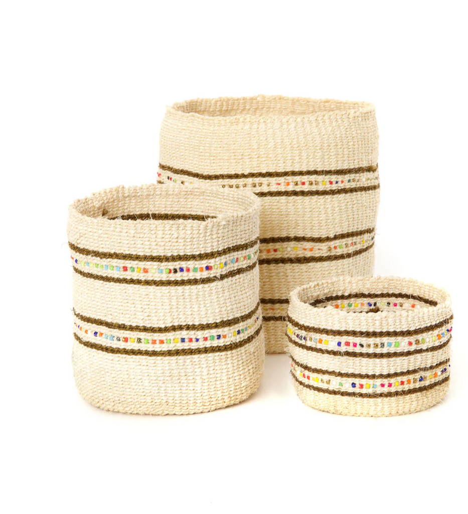 Set of 3 Handwoven Small Natural Beaded Baskets, Kenya, Fair Trade
