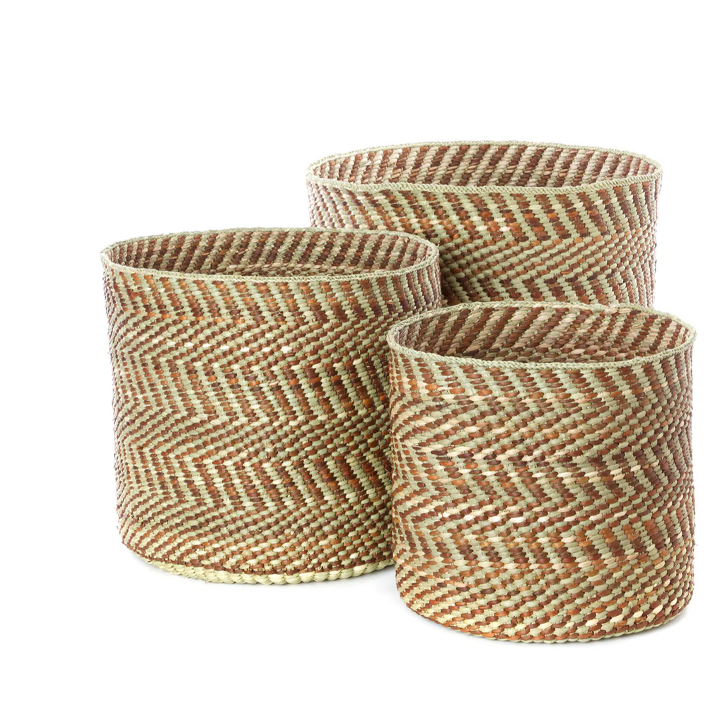Handwoven Grass Reed Storage Baskets, Brown Diagonal, Fair Trade, Tanzania