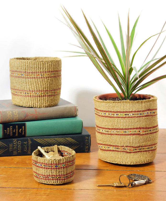 Set of 3 Handwoven Small Beige & Red Stripe beaded Sisal Baskets, Kenya, Fair Trade