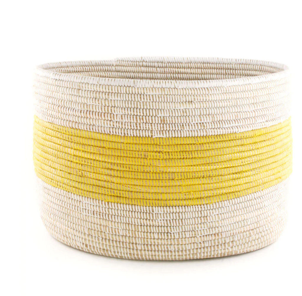Handwoven Yellow Striped Knitting Storage Basket, African Cattail, Fair Trade, Senegal