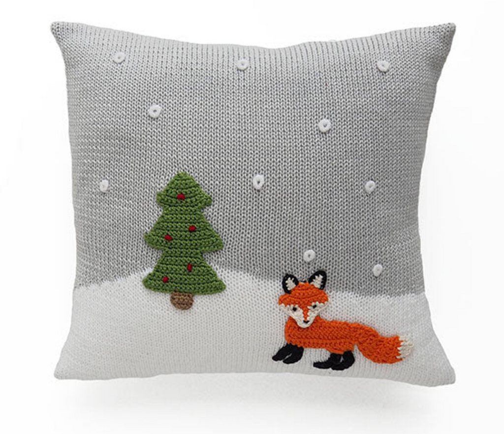 Hand Knit Christmas Pillow-Fox with Christmas Tree & Snow, Armenia- Fair Trade