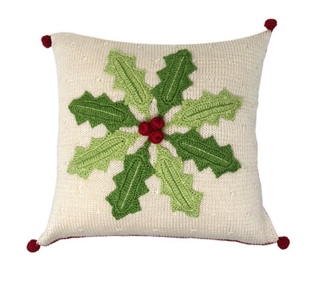 Hand Knit Christmas Pillow-Green Holly, Armenia- Fair Trade