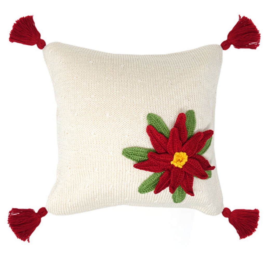 Hand Knit Poinsettia Holiday Christmas Pillow, Red Tassels, Fair Trade-Armenia
