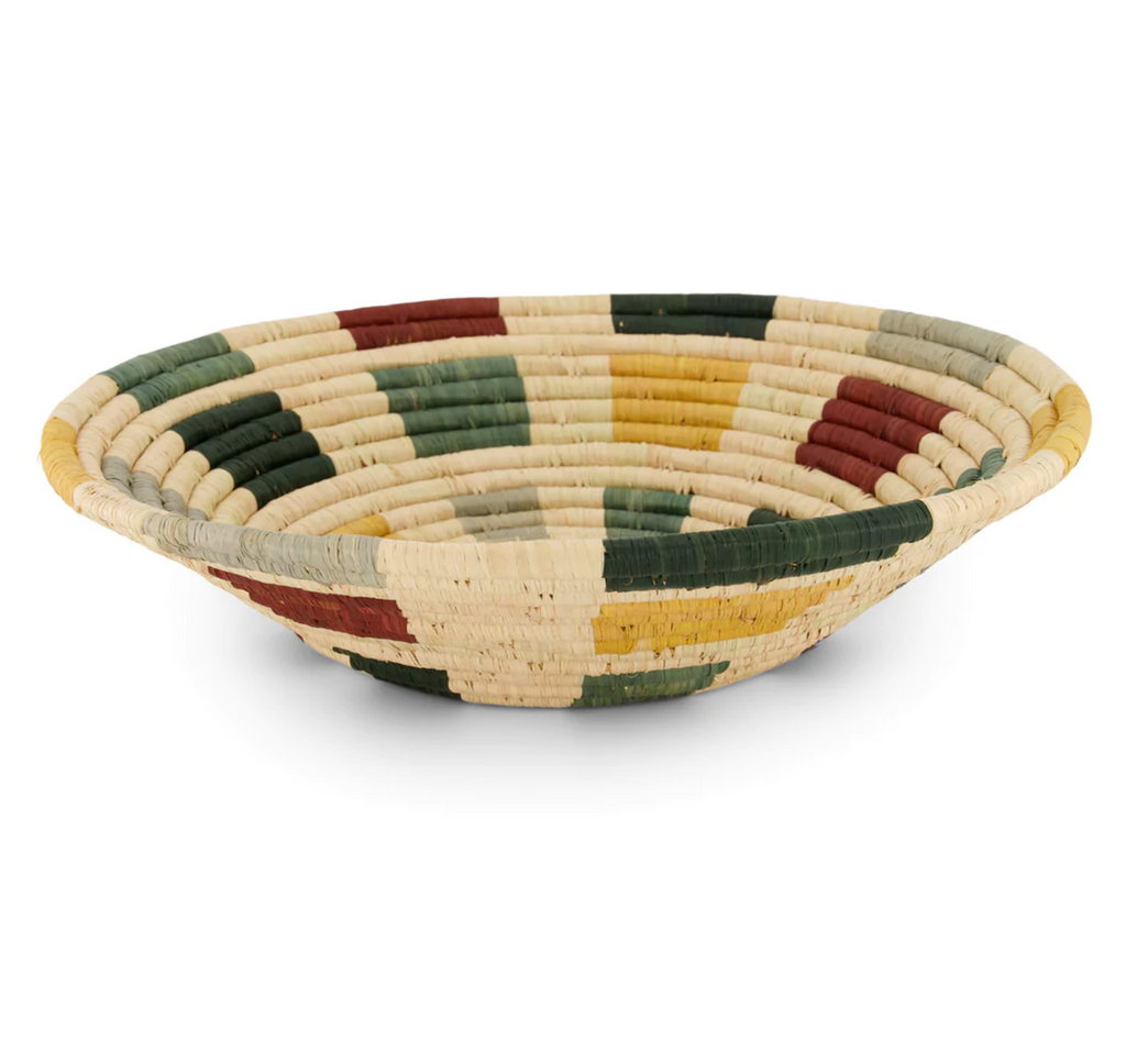14" Extra Large Handwoven, Natural and Fall Colors Round Basket Bowl- Fair Trade, Rwanda