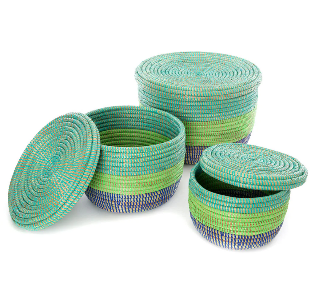 Set of 3 Handwoven Blue & Green Nesting Storage Baskets, Fair Trade