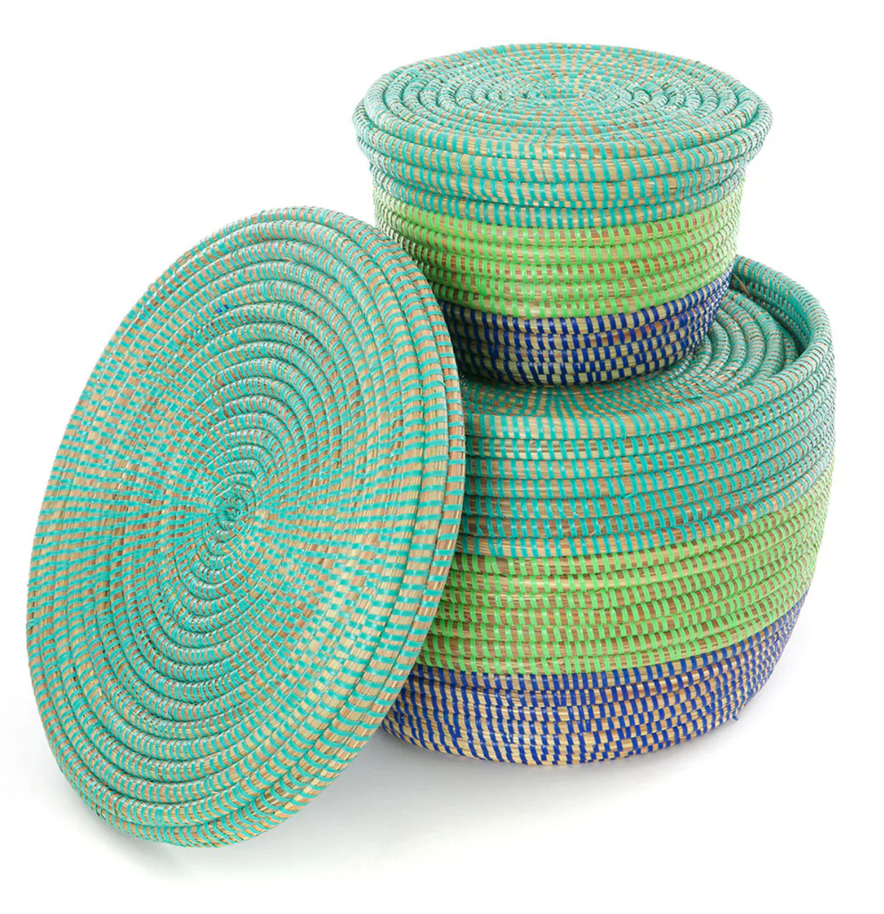 Set of 3 Handwoven Blue & Green Nesting Storage Baskets, Fair Trade