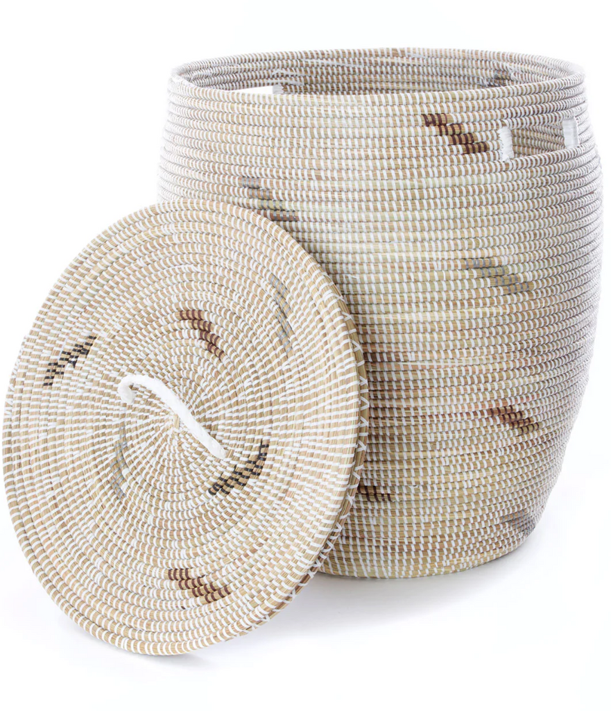 Handwoven Hamper Storage Basket, White with Silver dashes, Senegal, Fair Trade