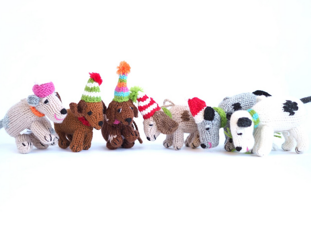 6 Hand Knit Dog Christmas Ornaments,Scarfs & Hats, Fair Trade