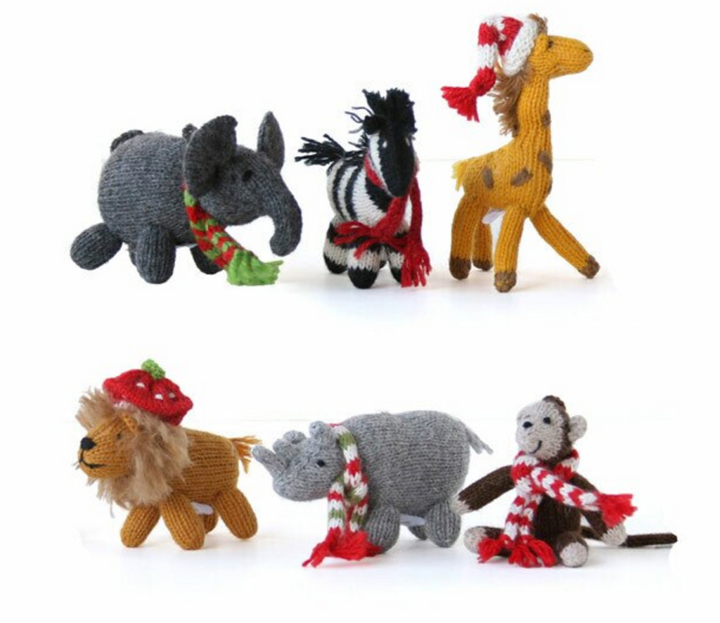 Set Of 6 Hand Knit African Animal Christmas Ornaments, Fair Trade