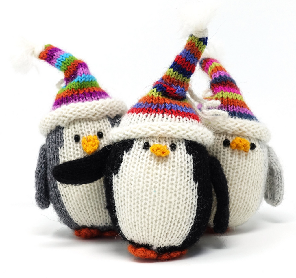 Set of 6 Hand Knit Penguin Christmas Ornaments with Hats,  Fair Trade