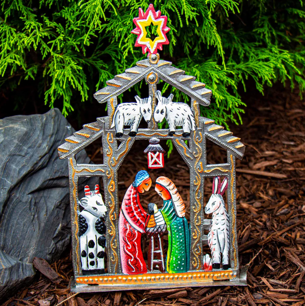 Colorful Nativity Scene, Handcrafted from steel Drums in Haiti, 12"x7", Fair trade