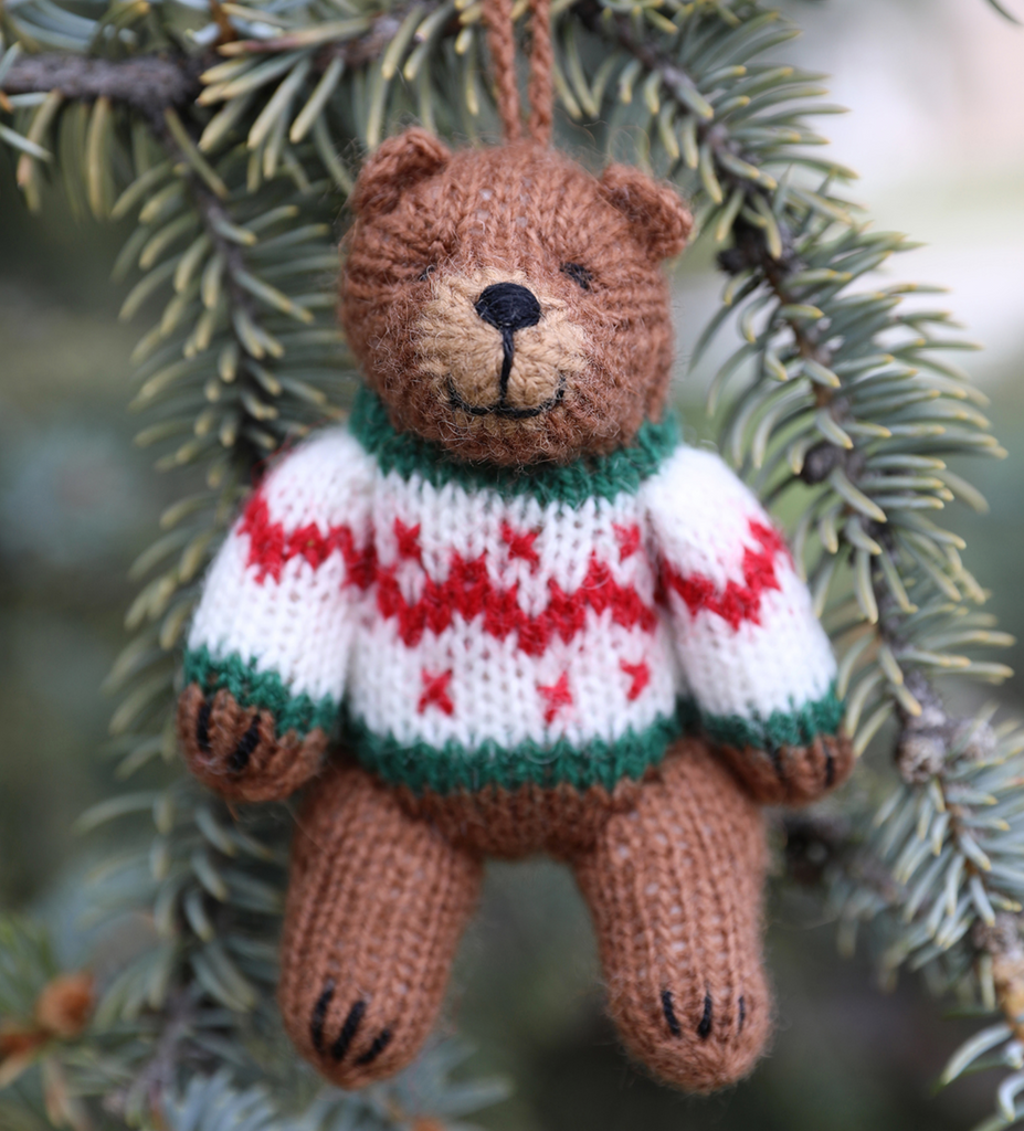 6 Hand Knit Bears in Sweaters Christmas Ornaments, Fair Trade, Peru