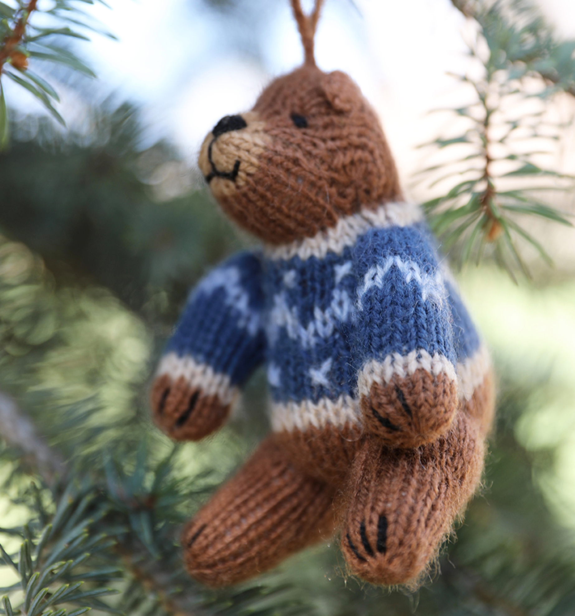 6 Hand Knit Bears in Sweaters Christmas Ornaments, Fair Trade