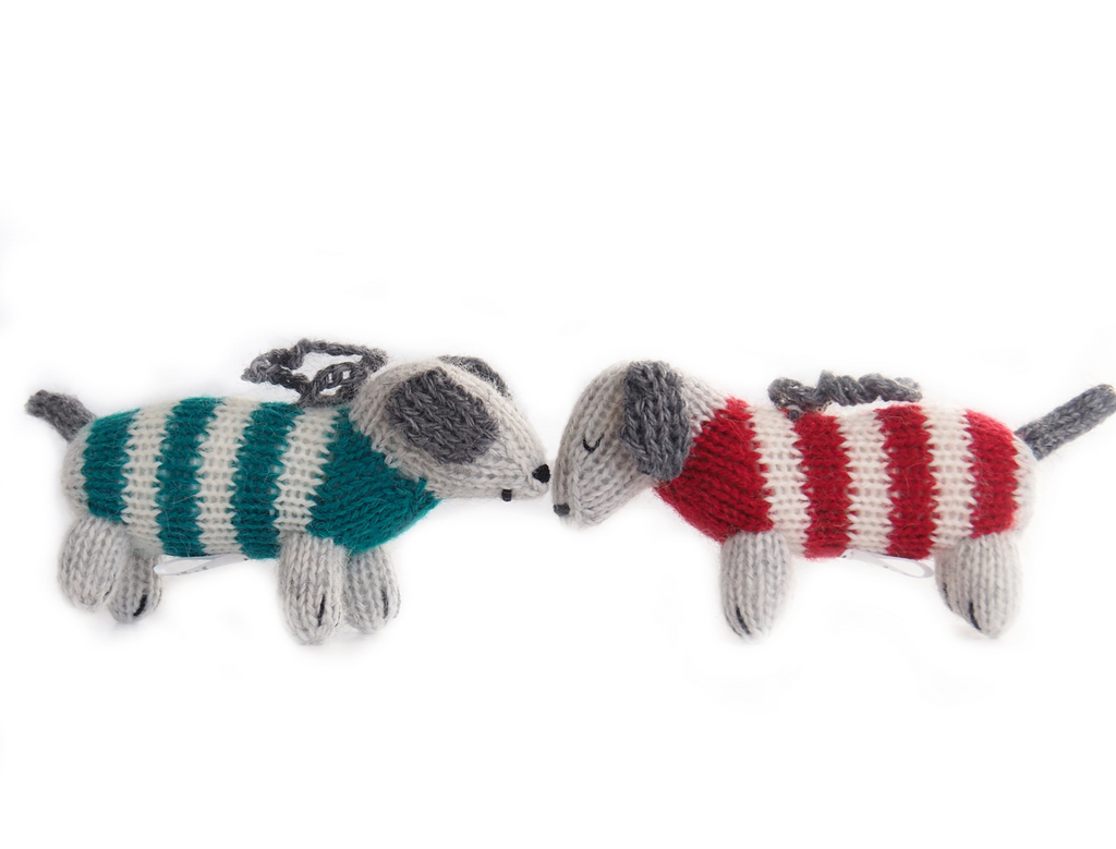 6 Hand Knit DachShund Dog Christmas Ornaments, Fair Trade, Peru