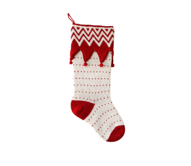 Hand Knit Red & White Zig Zag Cuff Christmas Stocking, Fair Trade