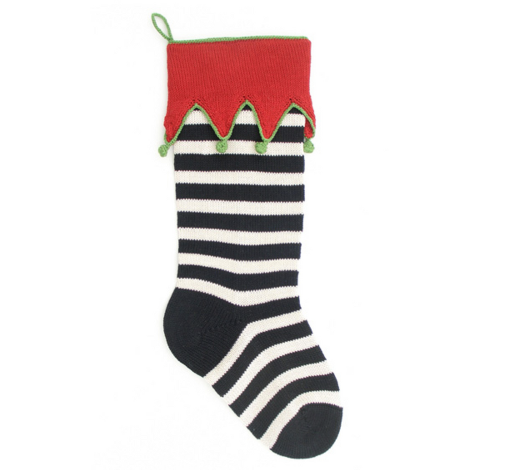 Hand Knit Black & White Striped Elf Cuff Christmas Stocking, Fair Trade