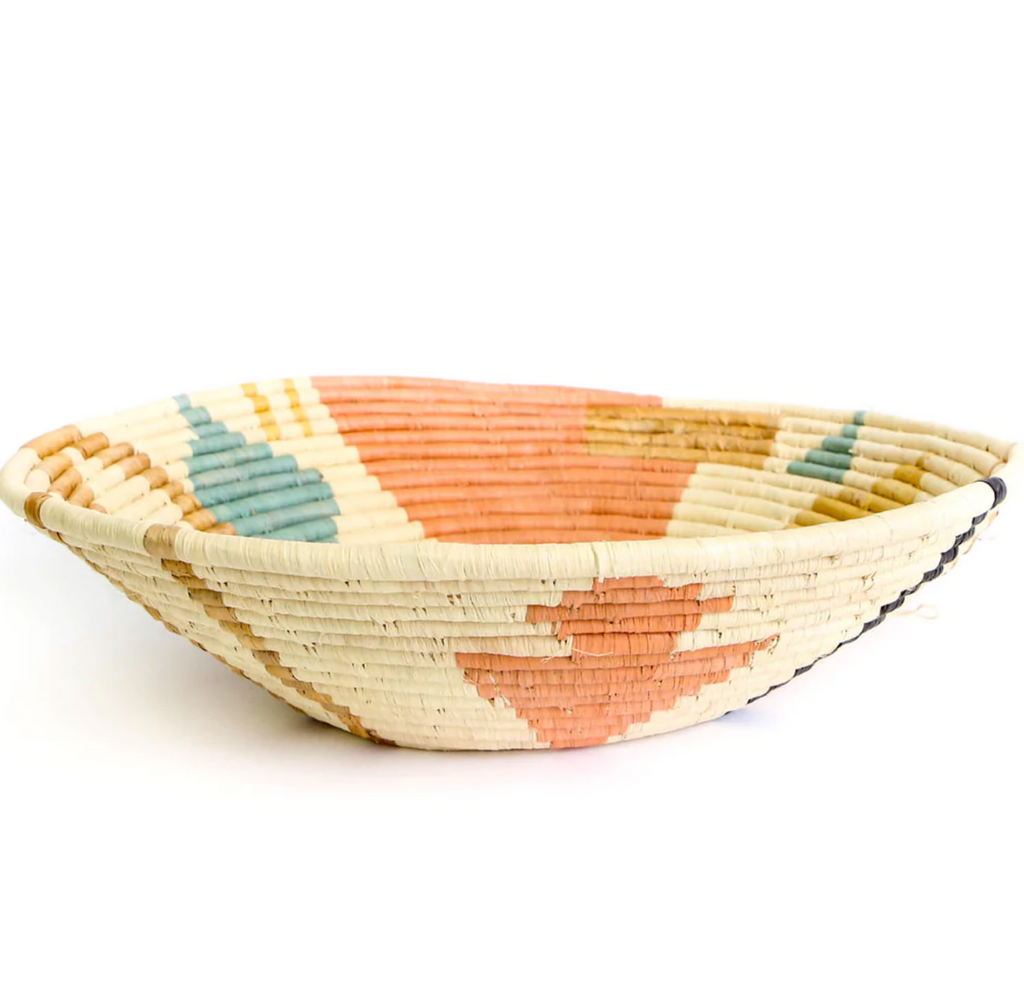 16" Peach Multi-Colored Hand Woven Basket Fruit Bowl, Fair Trade, Uganda