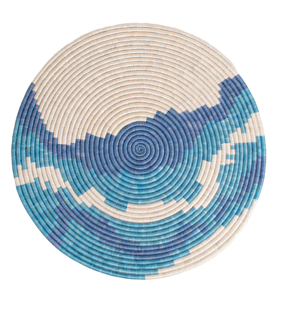27” Blue Hand Woven Basket Wall Plate Art, Fair Trade, Rwanda