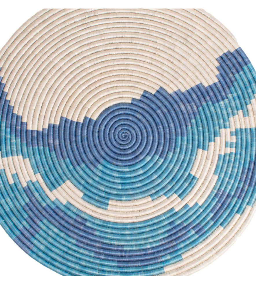 27” Blue Hand Woven Basket Wall Plate Art, Fair Trade, Rwanda