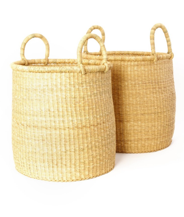 Set of 2 Tall Handwoven Storage Baskets, Elephant Grass, Fair Trade- Ghana