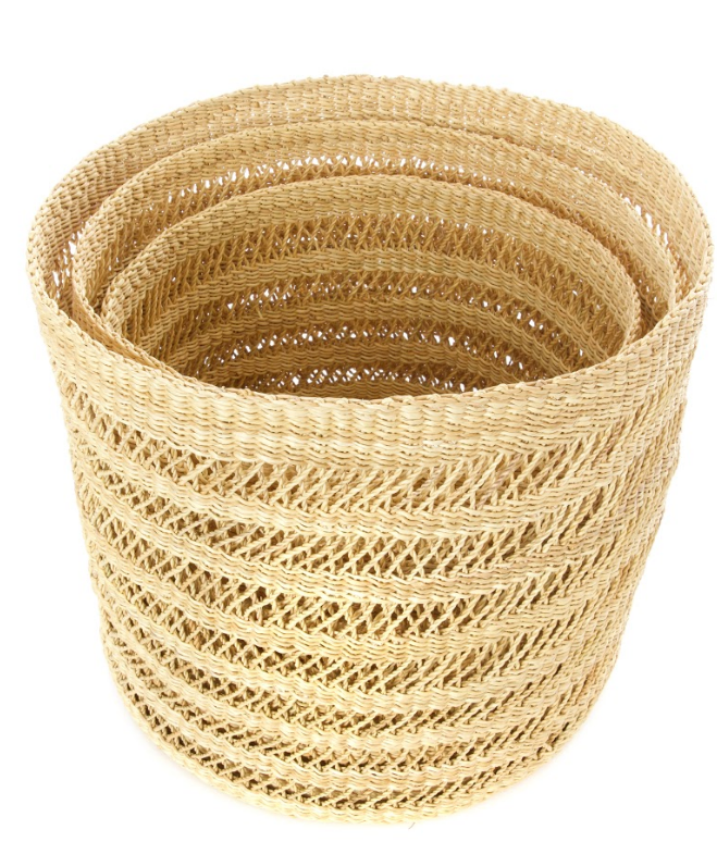 3 Lace Basket Bins, Handwoven Elephant Grass, Fair Trade- Ghana, Eco-Friendly