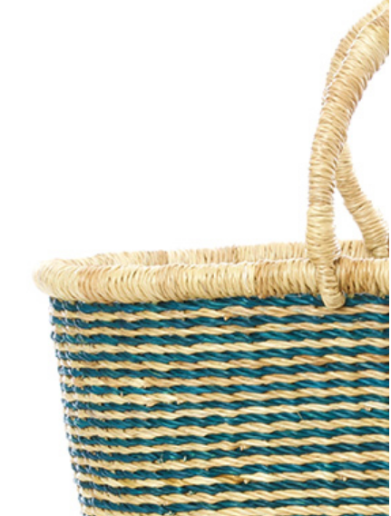 Handwoven Bolga Aqua Striped Tote Basket, Fair Trade & Eco-Friendly