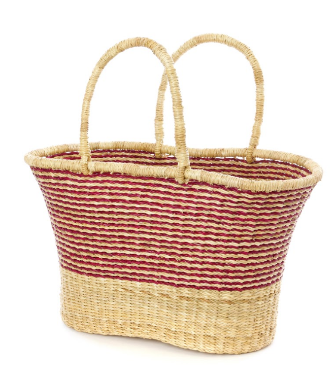 Red Pinstripe Handwoven Bolga Tote Basket, Fair Trade & Eco-Friendly