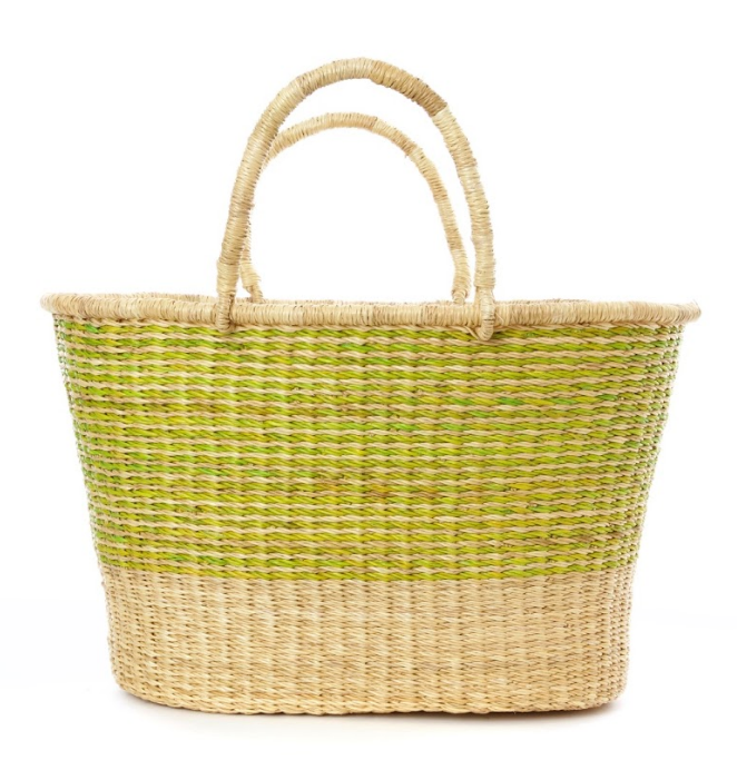 Handwoven Lime Striped Tote Basket, Fair Trade & Eco-Friendly