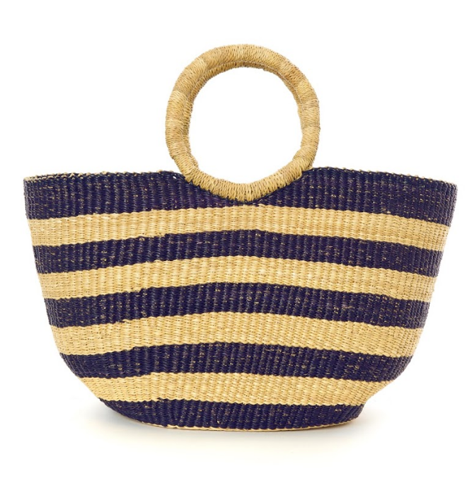 Handwoven Navy Blue Striped Tote Basket Bag, Fair Trade & Eco-Friendly