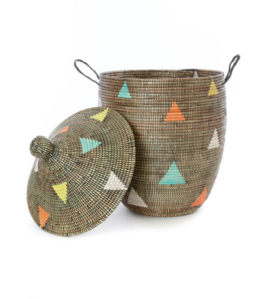 Large Hand Woven Cattail Storage Basket with Triangles, Fair Trade & Eco-Friendly