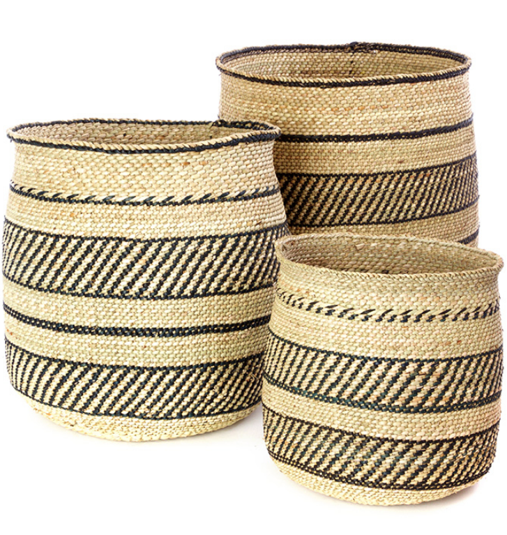 Handwoven Natural Grass Storage Baskets, Black Accents, Fair Trade from Tanzania
