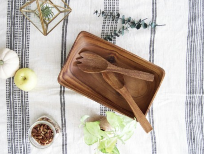 Acacia Wood Rectangle Salad Bowl Set with Salad Servers, Fair Trade & Sustainably Harvested - Give Back Goods