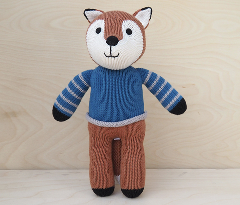 Hand Knit Fox in Blue Sweater Stuffed Animal, Fair Trade