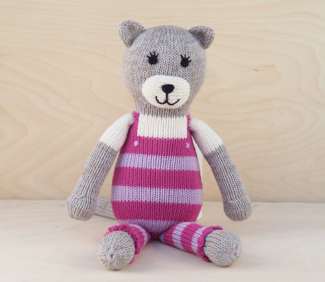 Hand Knit Cat Stuffed Animal in Pink Overalls, Fair Trade - Give Back Goods