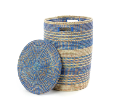 Set of Three Blue Striped Handwoven Cattail Bath Hamper Storage Baskets, Fair Trade - Give Back Goods