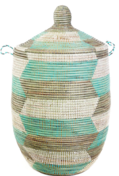 Prayer Mat Hamper Storage Basket, Fair Trade, Eco Friendly, Aqua, Silver and White - Give Back Goods