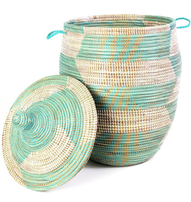 Handwoven Hamper Storage Basket, Aqua & White, Fair Trade, Eco-Friendly - Give Back Goods