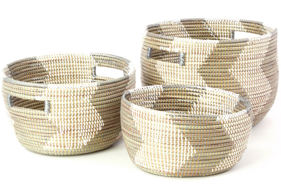 Set of Three Handwoven Cattail Silver Zig Zag Nesting Baskets, Fair Trade - Give Back Goods