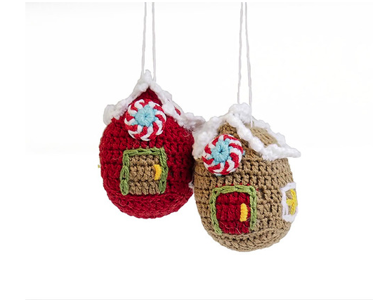 Set of 2 Hand Crocheted Ginger Bread House Ornaments,  Fair Trade - Give Back Goods