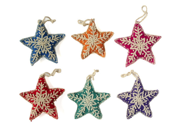 Set of 6- Hand Embroidered Star Ornaments- Fair Trade - Give Back Goods
