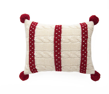 Mini Hand Knit Cable Christmas Pillow with Red Stripes & Pom Poms - Fair Trade - Give Back Goods