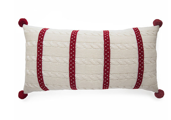 Hand Knit Christmas Pillow White Red Cable With Dots Stripes