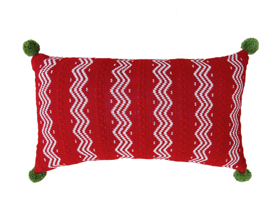 Hand Knit Red Christmas Pillow Zig Zag Stripes & pom poms, Fair Trade - Give Back Goods