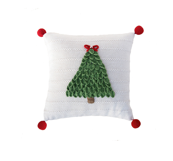 12x12 Hand Knit Christmas Tree Pillow, Pom Poms,  Fair Trade - Give Back Goods