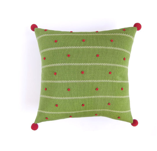 Green French Knot Hand Knit Christmas Pillow, 14x14, Pom Poms, Fair Trade - Give Back Goods