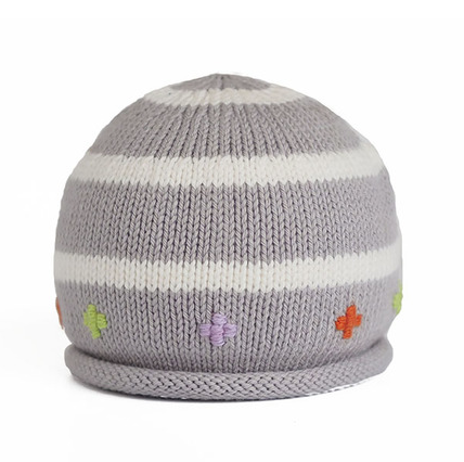 Striped Hand Knit grey Baby Hat with embroidery - Fair Trade - Give Back Goods