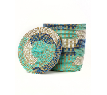 Set of Three Handwoven Cattail Blue & Green Hamper Baskets, Fair Trade - Give Back Goods