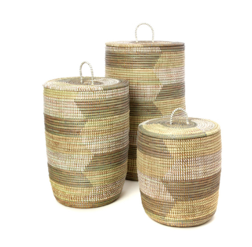 Set of Three Handwoven Cattail White, Cream & Gray Patterned Hamper Baskets, Fair Trade - Give Back Goods