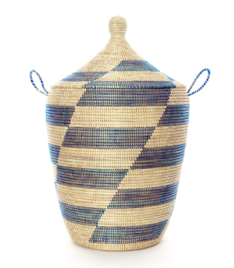 Set of Three Handwoven Cattail Blue & Cream Bath Hamper Baskets, Fair Trade - Give Back Goods