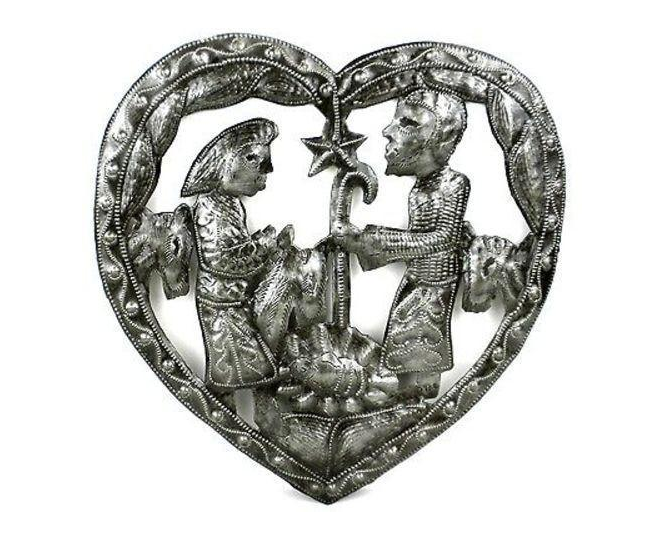 Handcrafted Metal Heart Nativity Wall Art- Made From Steel Drums in Haiti- Fair trade - Give Back Goods